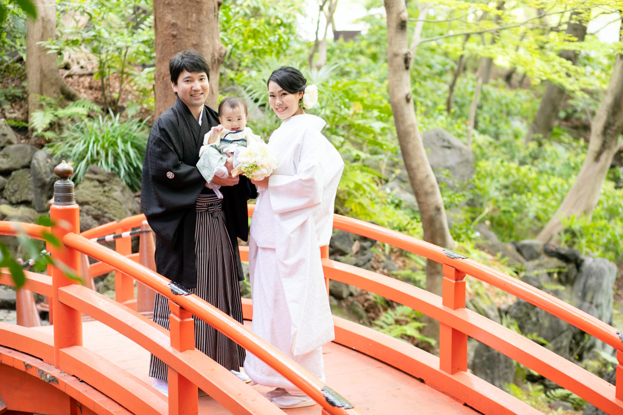 小石川後楽園,桜,和装ロケフォト,白無垢,桜ウエディング,子どもと一緒